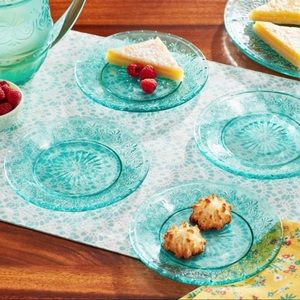New! The Pioneer Woman 4 teal embossed Cassie glass appetizer plates 6.35”